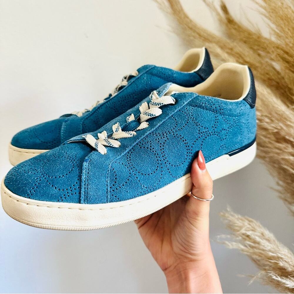 COACH Cobalt Blue White Perforated Logo Suede Clip C Mens Low Top Sneakers 8.5